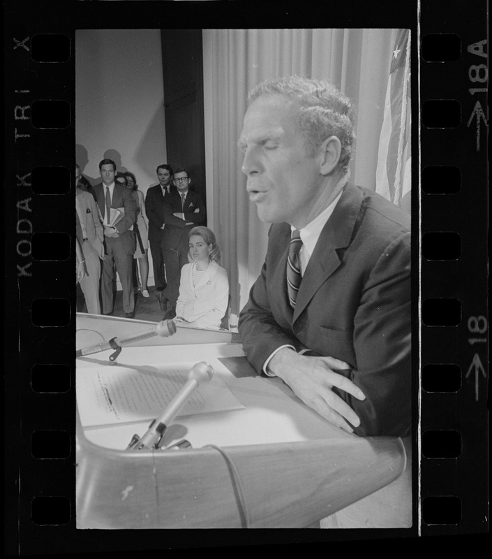 Mrs. Kathryn White watches as her husband, Boston Mayor Kevin White, announces that he is a candidate for the Democratic gubernatorial nomination