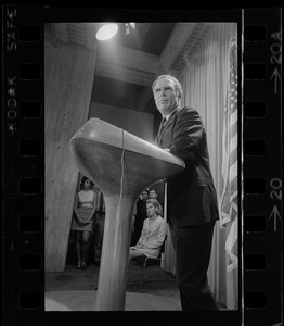 Mrs. Kathryn White watches as her husband, Boston Mayor Kevin White, announces that he is a candidate for the Democratic gubernatorial nomination