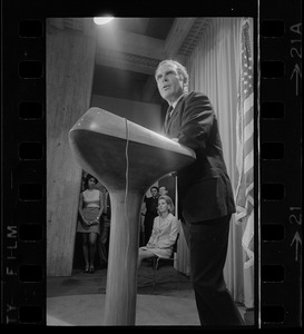 Mrs. Kathryn White watches as her husband, Boston Mayor Kevin White, announces that he is a candidate for the Democratic gubernatorial nomination