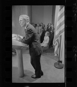 Mrs. Kathryn White watches as her husband, Boston Mayor Kevin White, announces that he is a candidate for the Democratic gubernatorial nomination