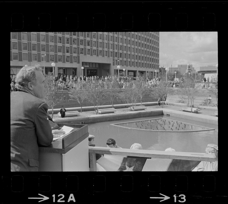 Mayor Kevin White speaking at dedication of fountain garden at City Hall Plaza