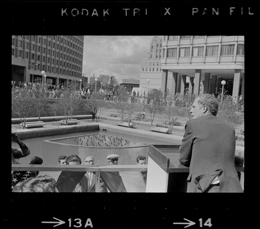 Mayor Kevin White speaking at dedication of fountain garden at City Hall Plaza