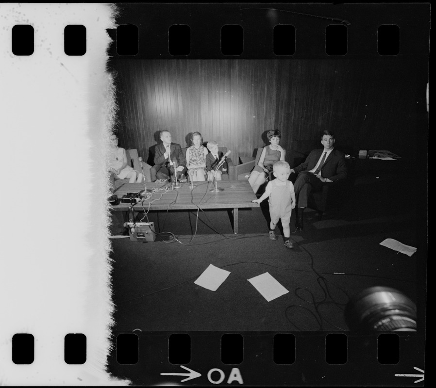 Mrs. Anthony W. England, Dr. and Mrs. Philip K. Chapman, Peter Chapman, Mrs. William B. Lenoir, Billy Lenoir, Jr., and Dr. William B. Lenoir at press conference at MIT