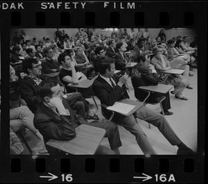 Audience in classroom for speech by Walt W. Rostow