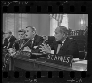 Boston City Councilors George F. Foley, John J. Tierney, Peter F. Hines, and Frederick C. Langone at a hearing of the Boston City Council Committee on Public Services about a series of murders