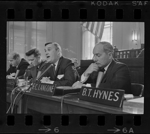 Boston City Councilors George F. Foley, John J. Tierney, Peter F. Hines, and Frederick C. Langone at a hearing of the Boston City Council Committee on Public Services about a series of murders