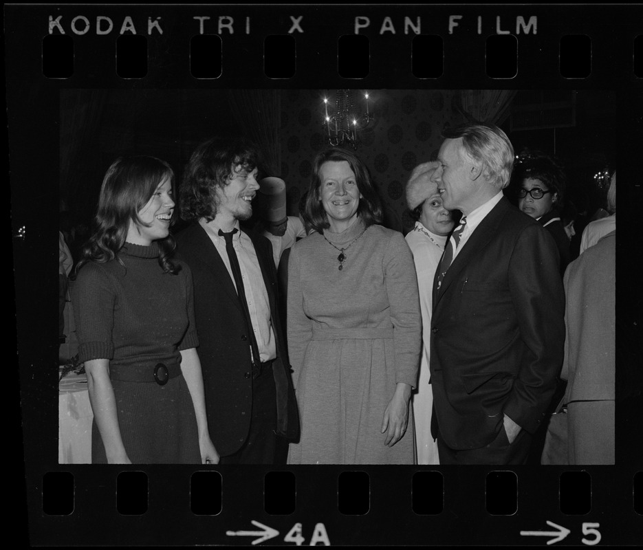 Mayor Barbara Ackerman--the first woman mayor of Cambridge--talks with her son, Richard, husband Paul, a Boston University professor, and an unidentified woman