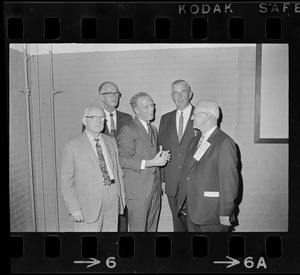 Mayor Kevin White makes a big hit with members of the Old Charlestown Schoolboys' Ass'n during the organization's 56th annual dinner meeting last night at the Boys' Club building. From left: Edward McGlinchey, secretary, Wylie Van Wart, treasurer, the Mayor, Capt. Cornelius O'Brien, president, and Walter Fields, past president