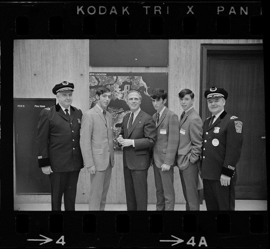 Group of Boston English High School students with Boston Mayor Kevin White and police officers