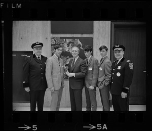 Group of Boston English High School students with Boston Mayor Kevin White and police officers