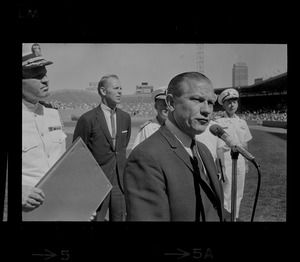 Unidentified man speaking at ceremony at Fenway Park