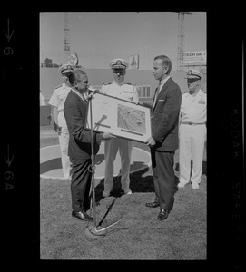 Presentation of Naval Air Reserve citation to unidentified man at Fenway Park
