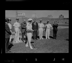 Rear Adm. Richard Fowler presenting citation for Tom Yawkey to Dick O'Connell at Fenway Park