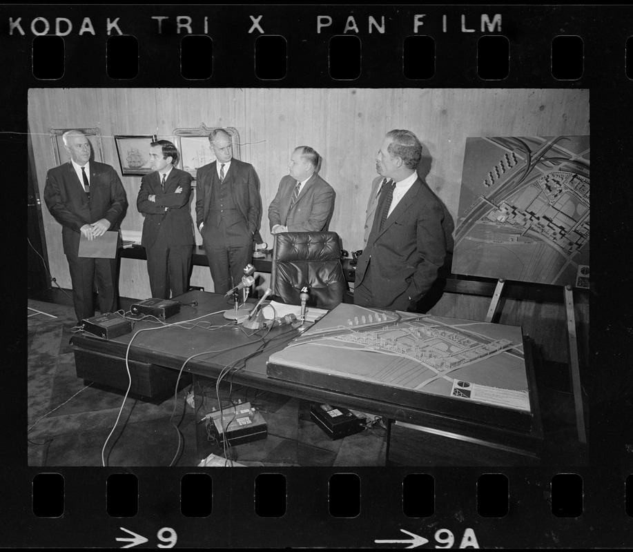 Boston Mayor Kevin H. White overlooks the scale model of proposed 129-acre high school to be constructed in the Madison Park area of lower Roxbury