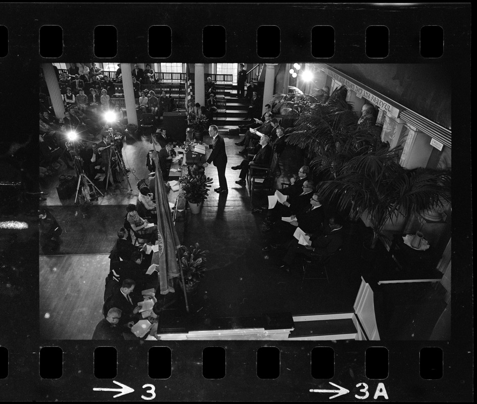 Kevin White delivering State of the City address at Faneuil Hall