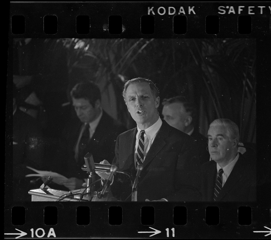 Boston Mayor Kevin White delivering State of the City address at Faneuil Hall as City Councilor John E. Kerrigan watches