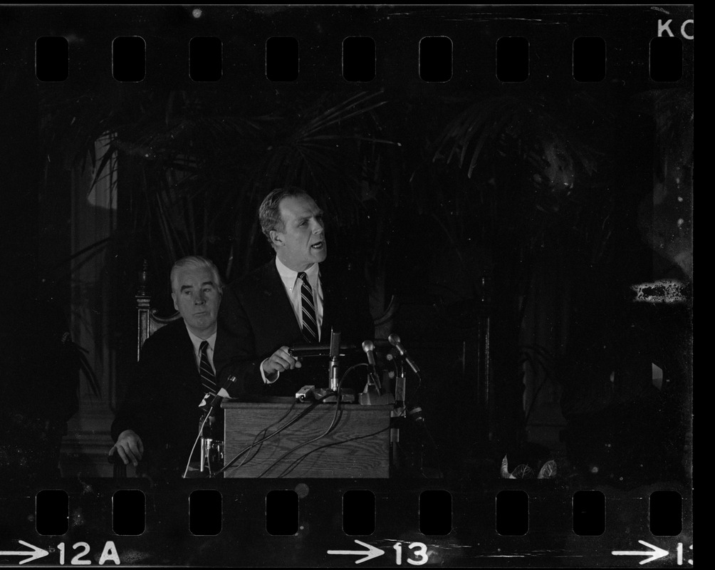 Boston Mayor Kevin White delivering State of the City address at Faneuil Hall as City Councilor John E. Kerrigan watches