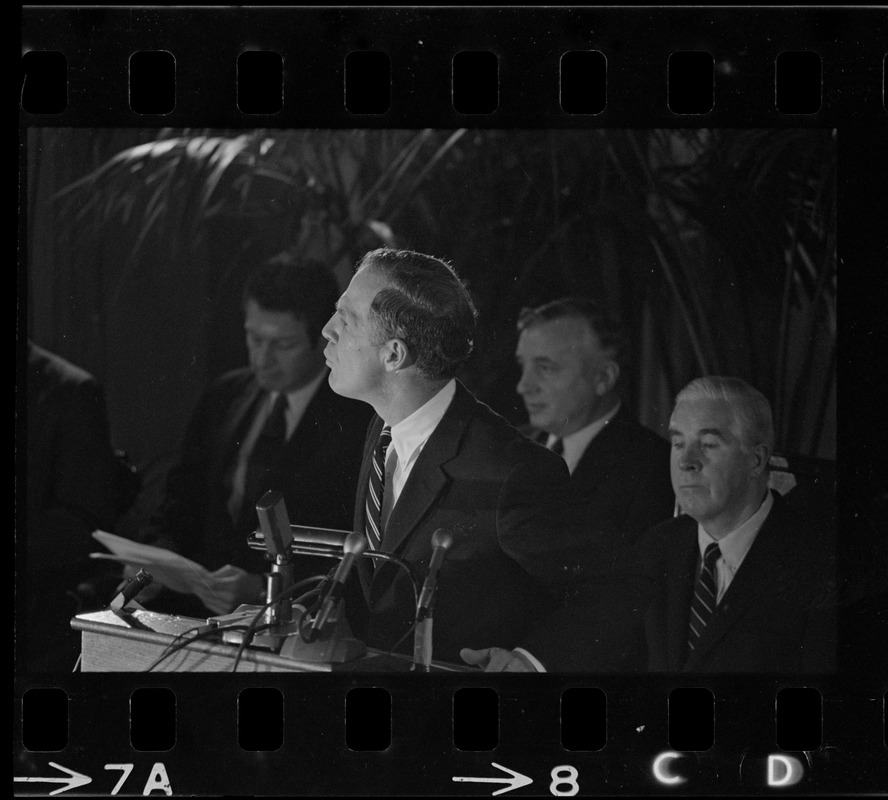 Boston Mayor Kevin White delivering State of the City address at Faneuil Hall as City Councilor John E. Kerrigan watches