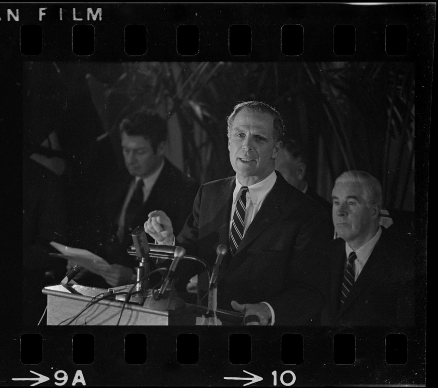 Boston Mayor Kevin White delivering State of the City address at Faneuil Hall as City Councilor John E. Kerrigan watches