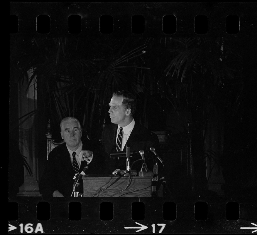 Boston Mayor Kevin White delivering State of the City address at Faneuil Hall as City Councilor John E. Kerrigan watches