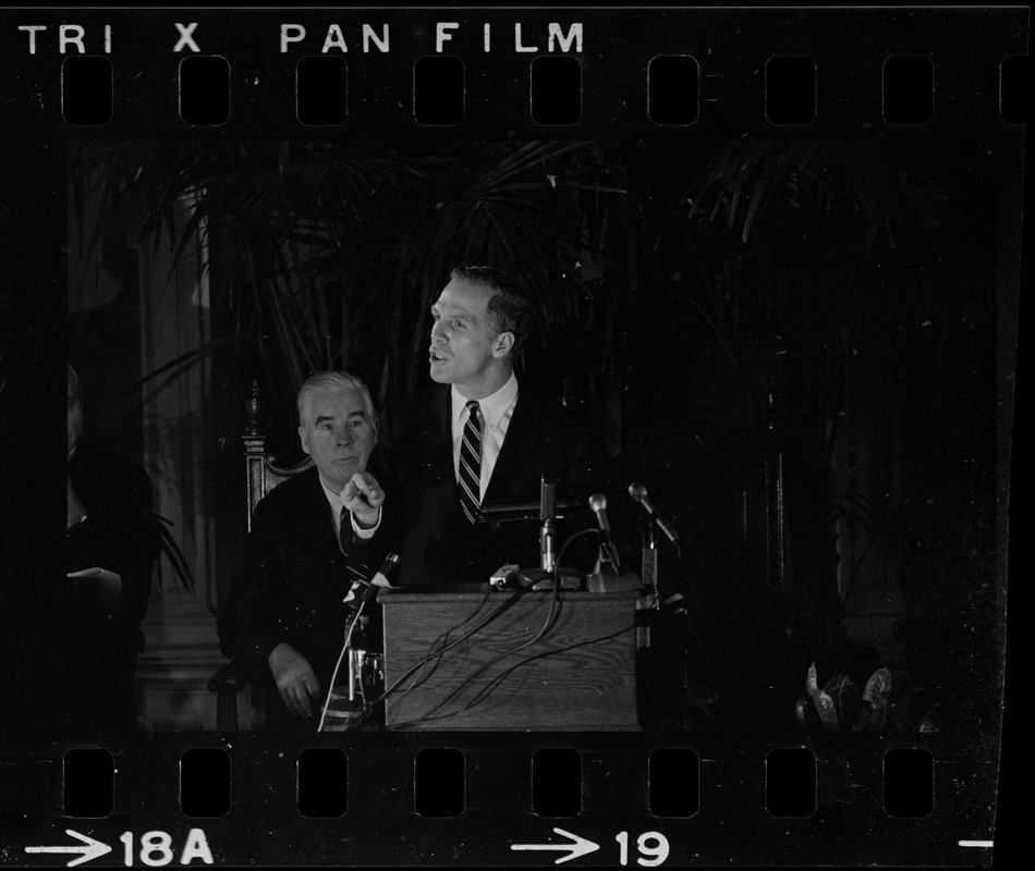 Boston Mayor Kevin White delivering State of the City address at Faneuil Hall as City Councilor John E. Kerrigan watches