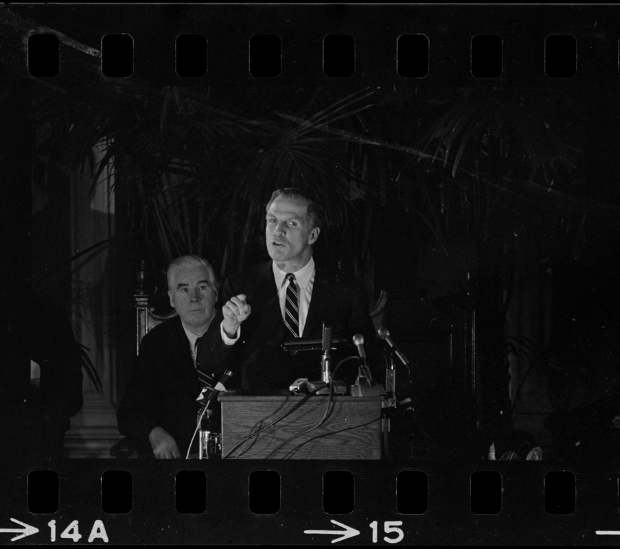 Boston Mayor Kevin White delivering State of the City address at Faneuil Hall as City Councilor John E. Kerrigan watches