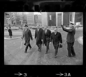 The sergeant-at-arms, Boston City Councilor John Saltonstall, Mayor Kevin White, and City Councilor Frederick Langone walking to Faneuil Hall for State of the City address