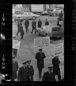 Boston firemen picketing outside of Faneuil Hall during State of the City address