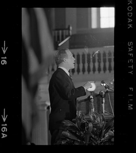 Boston Mayor Kevin White delivering State of the City address at Faneuil Hall