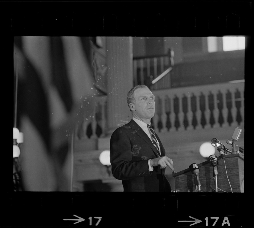 Boston Mayor Kevin White delivering State of the City address at Faneuil Hall