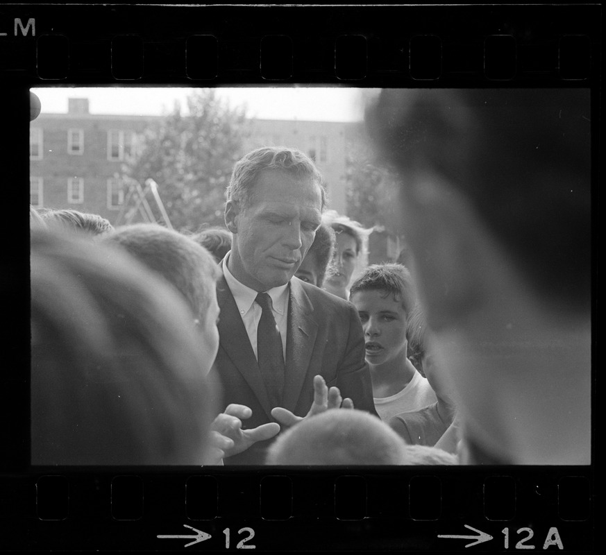 Boston Mayor Kevin White meeting people in East Boston while on walking tour prior to dedication of first neighborhood city hall