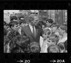 Boston Mayor Kevin White meeting people in East Boston while on walking tour prior to dedication of first neighborhood city hall