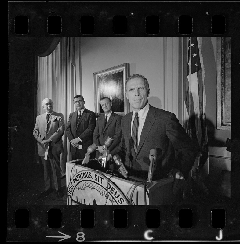 Mayor Kevin White announces at City Hall press conference choice of three new members to City Hospital Board of Trustees. Chosen by White were from left: Lawrence G. Lasky, West Newton, Frederick J. Davis of Marblehead and Dr. John H. Knowles of Chestnut Hill, general director of Mass. General Hospital