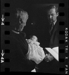 Godparents Richard Dray and Mrs. Lawrence Cameron, with godchild Patricia Hagan White at her christening in the home of Boston Mayor Kevin White