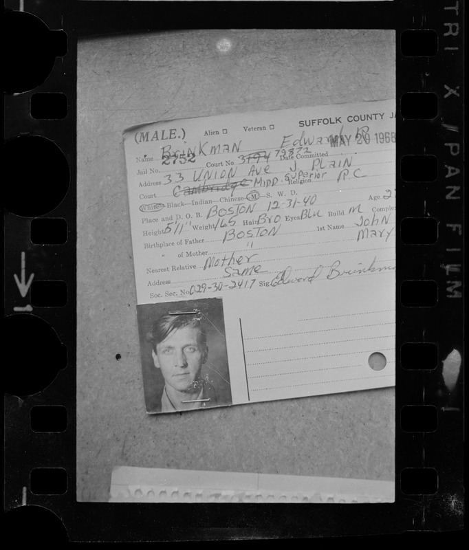 Edward Brinkman's Suffolk County Jail identification card with photo