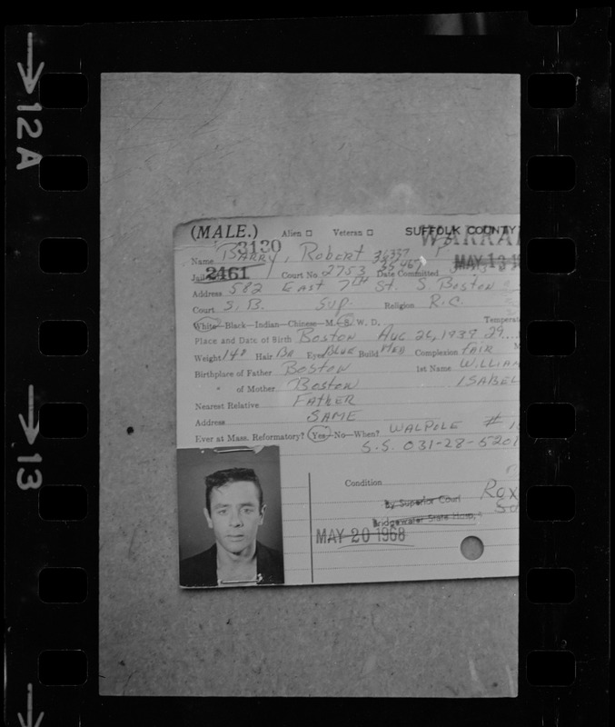 Robert Barry's Suffolk County Jail identification card with photo