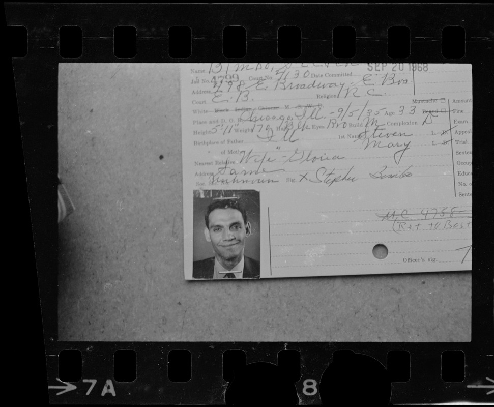 Stephen Bimbo's Suffolk County Jail identification card with photo