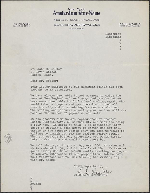 Letter from L. S. Hunter, New York, to Jack Miller, Boston, 1941 September 16