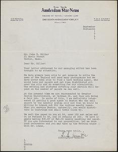 Letter from L. S. Hunter, New York, to Jack Miller, Boston, 1941 September 16