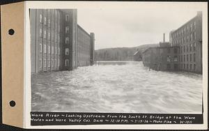 Ware River, looking upstream from the South Street bridge at the Ware Woolen and the Ware Valley Co. dam, Ware, Mass., 12:10 PM, Mar. 19, 1936