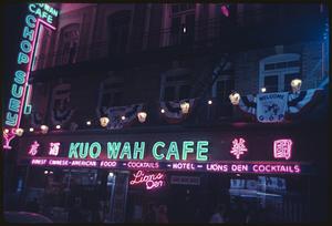 Night view of Kuo Wah Cafe exterior, San Francisco, California