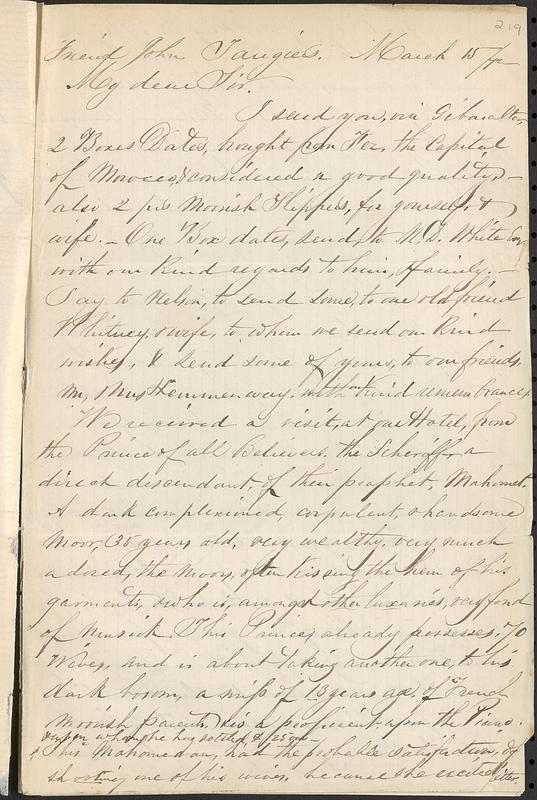 Letter from Thomas F. Cordis to John D. Long, March 15, 1872