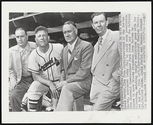 Sarasota – Negotiating To Move Braves. Louis Perini, (2nd from right) President of the Boston Braves, announced today that he would seek permission from Baseball Commissioner Ford Frick and the National League to move Braves franchise from Boston to Milwaukee. Watching today’s exhibition game with the Red Sox are, from left, Vice-president Charles Perini, Mgr. Charles Grimm, Louis Perini and General Manager Bob Quinn.