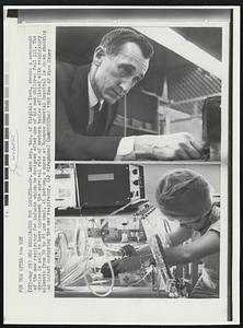 New Respirator for Infants--Dr. Leon Arp, top, of Virginia Tech, checks a component of the new respirator for infants which he designed after one of his own children fell ill. The device is said to have increased the survival rate of newborn babies afflicted with respiratory ailments from 50 to 85 per cent. At bottom, a nurse at Roanoke Memorial Hospital is shown checking an infant occupying the new respirator.