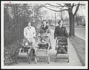 January in the Fenway-Where these Queensberry street mothers wheeled their youngsters in yesterday's sunshine. Left to right, Mrs. Barbara Bloom, with Lois Jane; Mrs. Marilyn Paris, with Sharyn, and Mrs. Evelyn Zack, with Marcia.