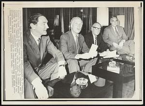 Democratic Bigwigs Meet--Kenneth P. O'Donnell, Boston's Mayor Kevin H. White, Senate Pres. Maurice A. Donahue and former Lt. Gov. Francis X. Bellotti, left to right, in huddle during meeting of the four candidates for the Democratic gubernatorial nomination to discuss limitations on campaign spending and other political matters at a downtown Boston hotel today.