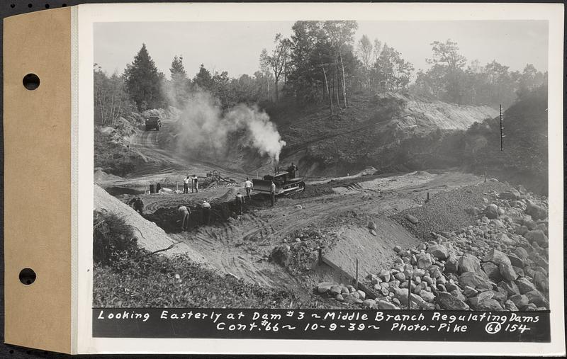 Contract No. 66, Regulating Dams, Middle Branch (New Salem), and East Branch of the Swift River, Hardwick and Petersham (formerly Dana), looking easterly at dam 3, middle branch regulating dams, Hardwick, Mass., Oct. 9, 1939