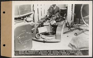 Contract No. 149, Furnishing and Delivering a Waterwheel, Generator, Switchgear, Transformer, Substation for the Winsor Dam Power Plant, Belchertown, view of generator bridge and miscellaneous parts disassembled from generator, interior of Outlet Works, Winsor Dam, Quabbin Reservoir, Belchertown, Mass., Jan. 13, 1947