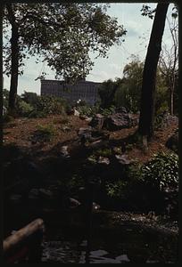 Hill with rocks and trees in foreground, building in background