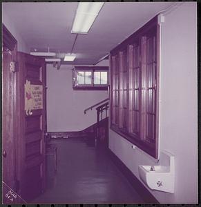 Downstairs hallway, entrance to children's library, bathroom, main stairs, Lawrence Library